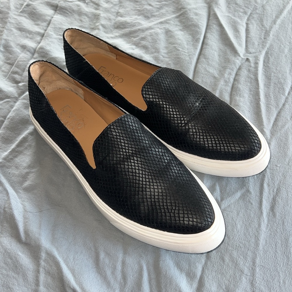 Franco Sarto Black Slip-Ons Loafers, Snake Print, Size 8.5